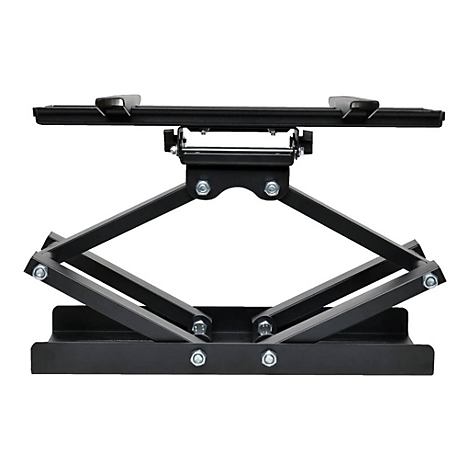 Schwarze TV-Wandhalterung, aus Stahl, mit beweglichen Gelenken und Halterungen für den Fernseher.