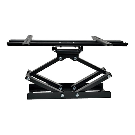 Schwarze TV-Halterung, aus Metall. Der Arm ist ausfahrbar. Auf weißem Hintergrund.