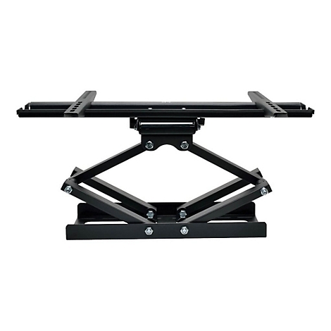 Schwarze TV-Halterung. Der Wandhalter ist aus Metall und hat eine Scherenkonstruktion.