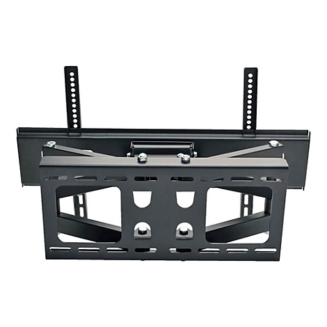 Schwarze TV-Halterung, Frontansicht, vor weißem Hintergrund. Metallkonstruktion mit Bohrungen und Schrauben.