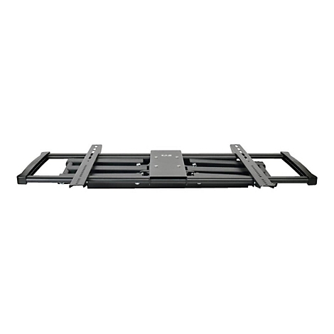 Schwarze TV-Wandhalterung, flach liegend, mit verschiedenen Halterungen und Schrauben.