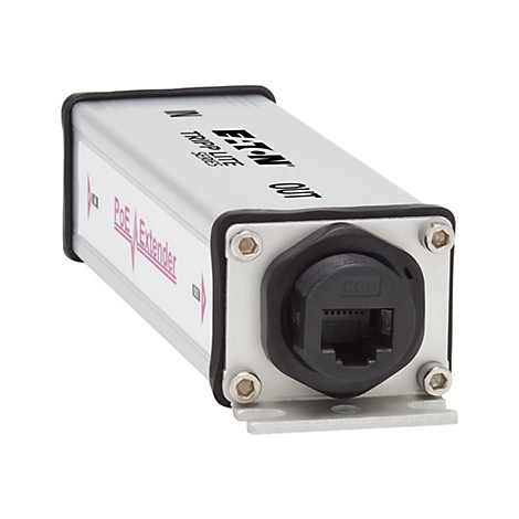 Silberner PoE-Extender mit schwarzem Anschluss und 'Eaton Tripp Lite' Schriftzug.