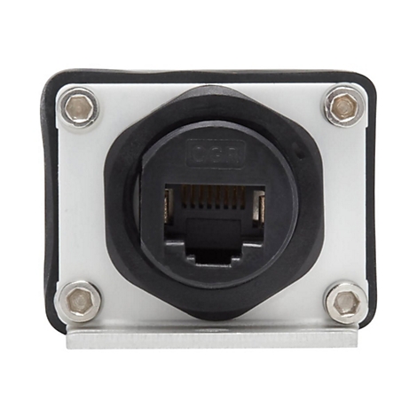 Nahaufnahme eines RJ45-Steckverbinders in einem Metallgehäuse mit Schrauben. Schwarzer Stecker mit "OGR"-Schriftzug.