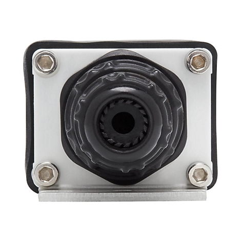 Nahaufnahme einer Kameraeinheit: schwarzes Objektiv mit strukturierter Fassung, Metallgehäuse mit Schrauben.