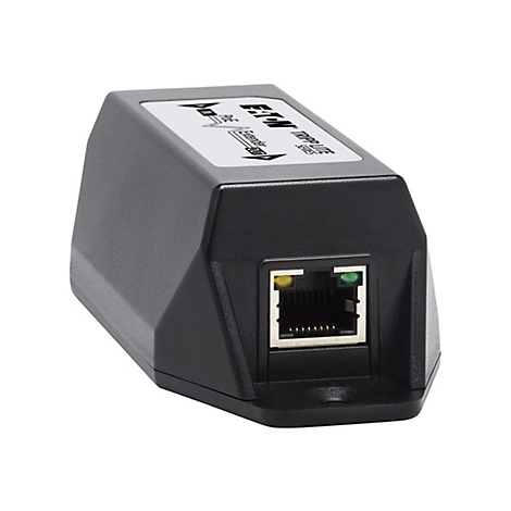 Schwarzer Tripp Lite PoE Extender. Aufschrift: Eaton, Tripp Lite Series. Mit Ethernet-Anschluss.