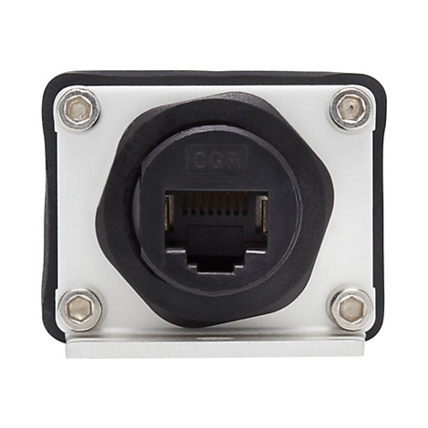 Nahaufnahme eines schwarzen Ethernet-Anschlusses mit vier silbernen Schrauben und der Aufschrift "OGR".