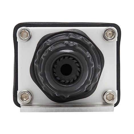 Nahaufnahme einer schwarzen Kamera mit kreisförmigen Rillen, umgeben von einem weißen Rahmen mit Schrauben.