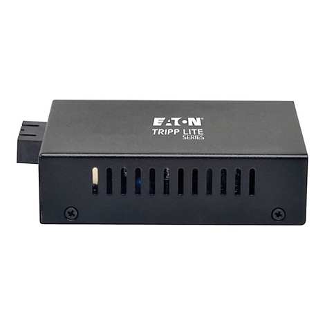 Schwarzer Eaton Tripp Lite Series Konverter. Rechteckige Form, Lüftungsschlitze und Schrauben. Logo oben rechts.