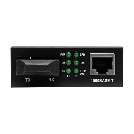 Schwarzer Netzwerk-Konverter mit verschiedenen Anschlüssen und LED-Anzeigen, darunter TX, RX und 1000BASE-T.