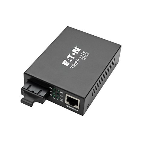 Schwarzer Netzwerk-Konverter von Eaton Tripp Lite. Oben steht das Logo und die Schriftzüge. Unten befinden sich Anschlüsse und LEDs.