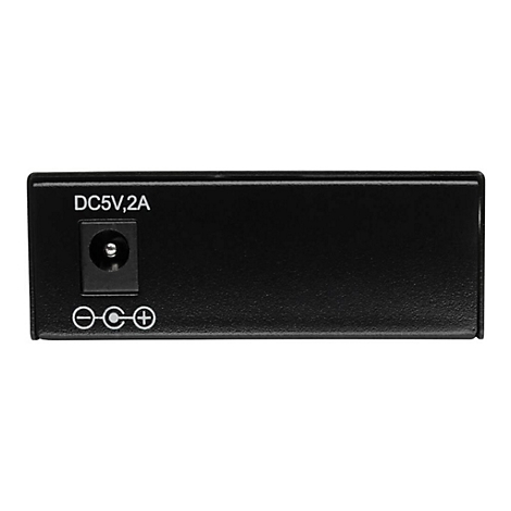 Nahaufnahme eines schwarzen Netzwerkgeräts mit Stromanschluss und Beschriftung DC5V,2A.