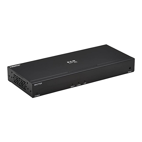 Schwarzer HDMI-Splitter mit den Beschriftungen "SPLITTER", "POWER", "INPUT", "LOCAL", "UTP" und "RESET".