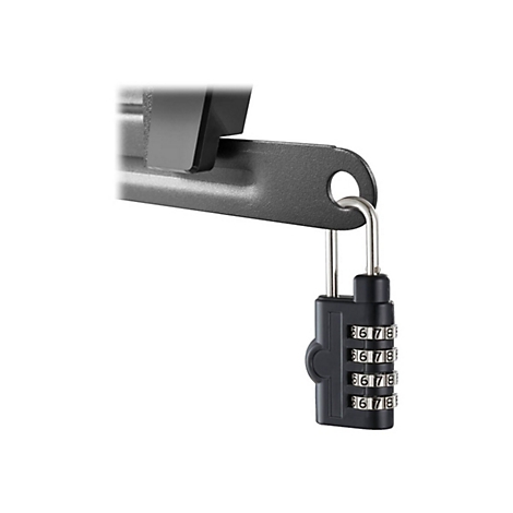 Schwarz Kombination Schloss mit silbernem Bügel hängt an einem dunklen Metall. Die Zahlen auf dem Schloss sind sichtbar.