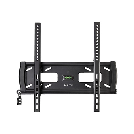 Schwarze TV-Wandhalterung, mit Wasserwaage, zwei vertikalen Schienen und einem Zahlenschloss.