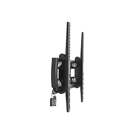 Schwarze TV-Wandhalterung, mit einem Zahlenschloss gesichert, vor weißem Hintergrund.