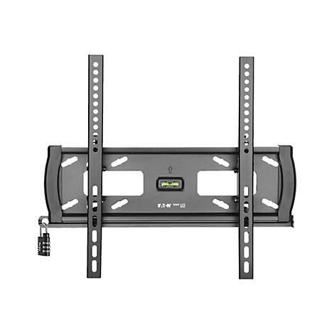 Schwarze TV-Halterung mit Wasserwaage, zwei vertikalen Schienen und einem Zahlenschloss.