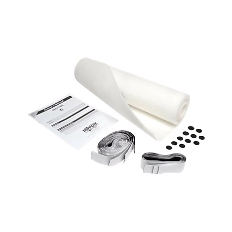 Ein Set mit weißem Vlies, Klettbändern, schwarzen Pads und einer Bedienungsanleitung. Der Schriftzug lautet TRIPPLITE.