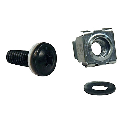 Schraube, quadratische Käfigmutter und Unterlegscheibe auf weißem Hintergrund.