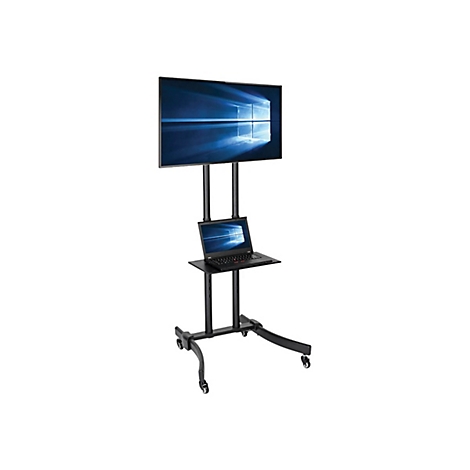 Schwarzer Präsentationsständer mit Monitor und Laptop. Räder an der Basis.