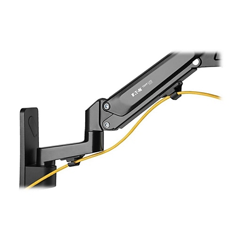 Schwarze Monitorhalterung, gelbes Kabel. Das "Eaton Tripp Lite"-Logo ist sichtbar.