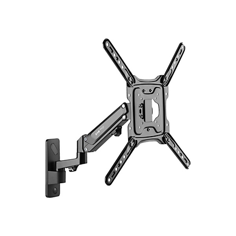 Schwarze TV-Wandhalterung, drehbar. Enthält Schriftzug EATON.