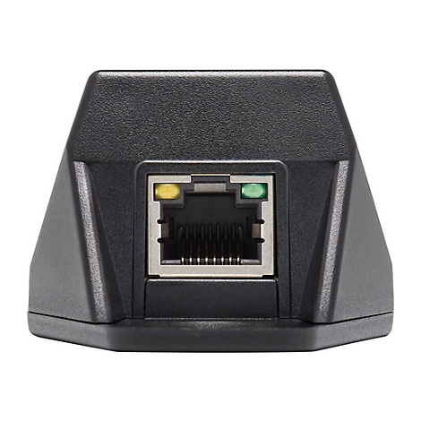 Gros plan sur un adaptateur réseau noir avec port Ethernet, avec des LED jaunes et vertes.