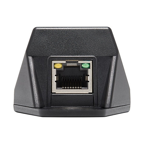 Adaptateur noir avec connecteur RJ45 ; LEDs jaune et verte.