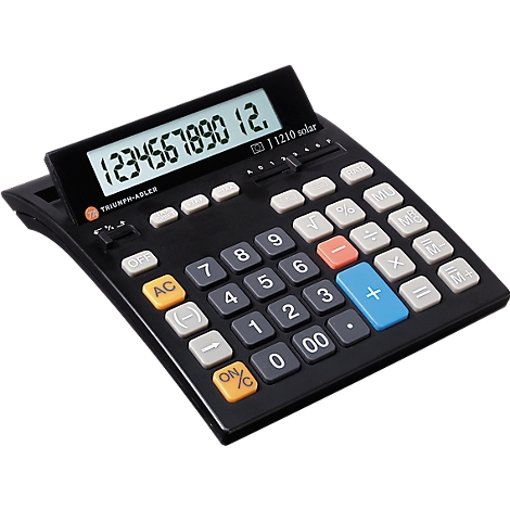 Black calculator with white display and keys. The number 1234567890 12. can be seen on the display.