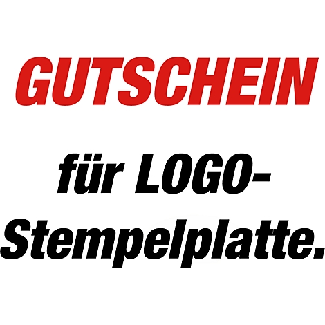 Voucher for LOGO stamp plate, red and black text on white background.