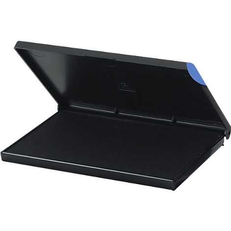 Open black stamp pad, blue corner. The stamping surface is visible.