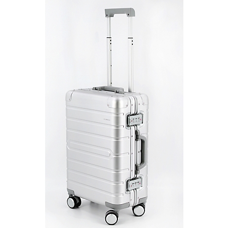 Valise à roulettes argentée avec poignée extensible et serrures à combinaison, sur fond blanc.