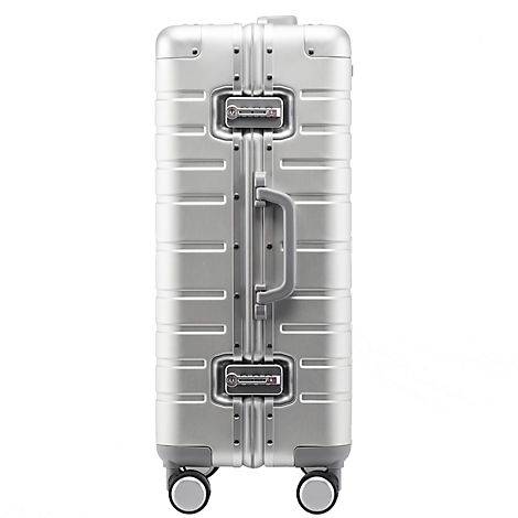 Valise argentée avec poignée, serrures et roues.