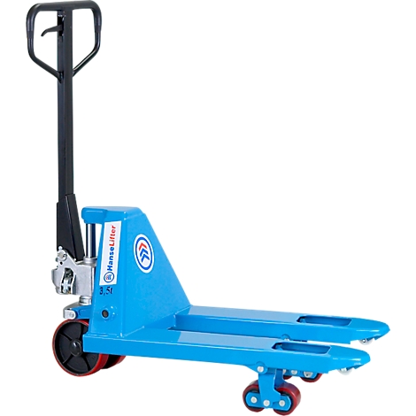 Blue pallet truck with black handles and red tires.