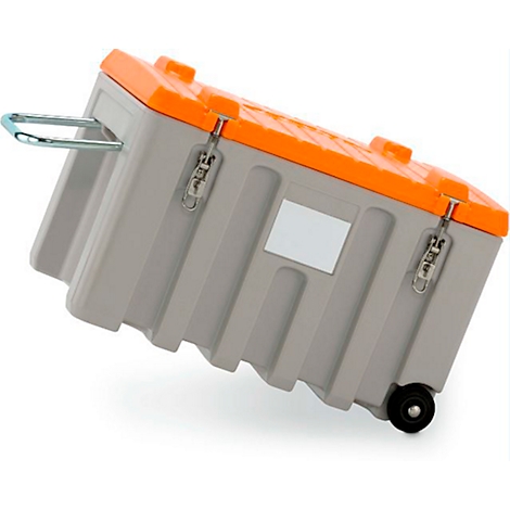 Grey transport case with orange lid. It has wheels, a handle and metal closures.