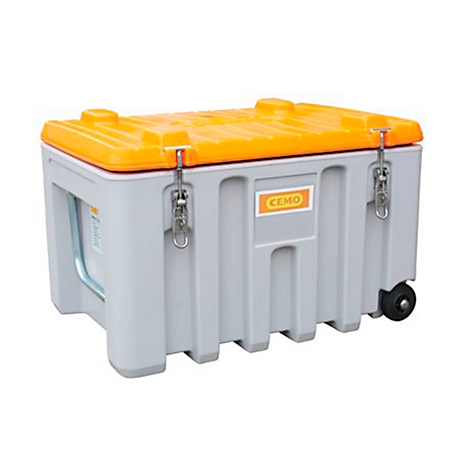 Grey transport box with an orange lid and wheels. It features two clasps and a Cemo logo.