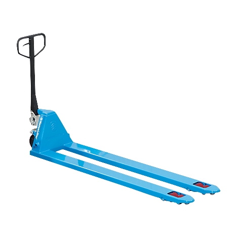Blue pallet truck on white background, black handle, red accents.