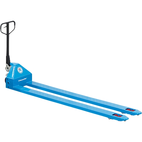 Light blue pallet truck with a black handle and forks.