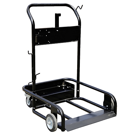Black transport cart with wheels against a white background.