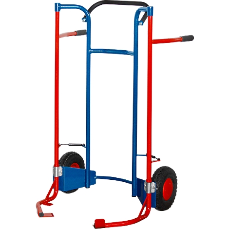 Blue and red hand truck with wheels.