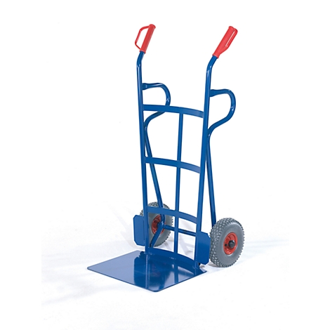 Blue hand truck with red handles and wheels, standing against a white background.