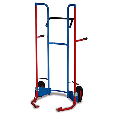 Red and blue hand truck with two wheels. Red bars on the sides, blue bars in the middle.