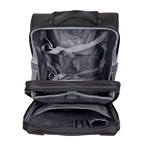 Sac de voyage noir ouvert. Intérieur gris avec sangles et compartiments. Poignée de transport sur le dessus.