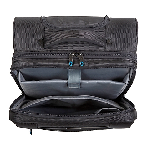 Valise à roulettes noire, ouverte. Compartiment intérieur avec ordinateur portable et autres compartiments. Fermetures éclair bleues, doublure grise.
