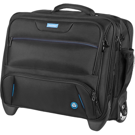 Trolley noir avec compartiment ouvert, stylos, smartphone, bouteille d'eau. Inscription « STOP » sur un rectangle bleu.