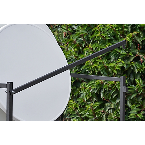 Close-up of a white satellite dish with a black metal frame, surrounded by green leaves.