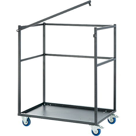 Black rectangular trolley with lid and four wheels.