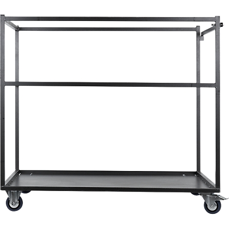 Black serving cart on wheels with two shelves.