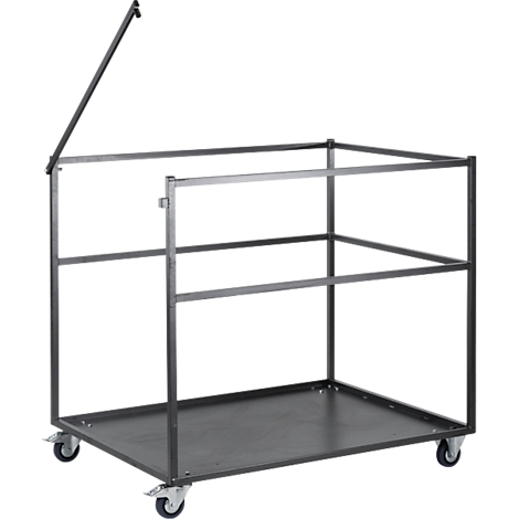 An empty, metal transport cart with wheels, open frame and a folding bracket.