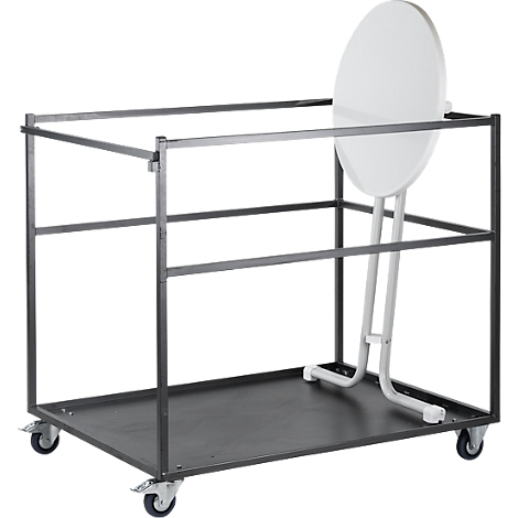 A transport cart with a round, white table. The cart has a dark metal frame and wheels.