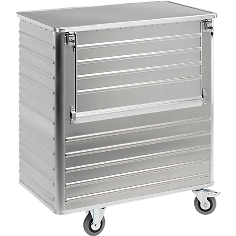 Aluminum transport trolley with wheels, ribbed sides and lid. One side with folding function.